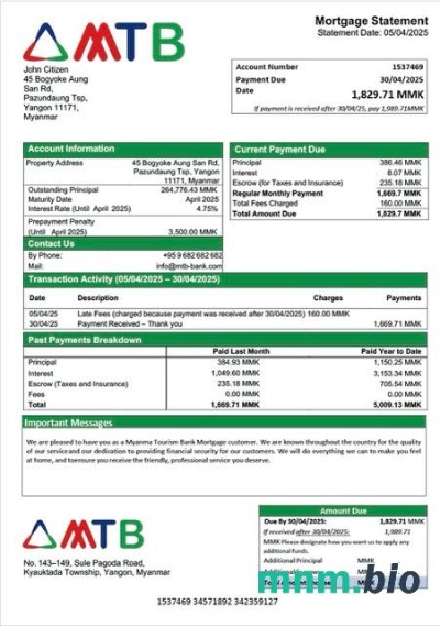 Myanmar Tourism Bank wyciąg z kredytu hipotecznego szablon Word i PDF